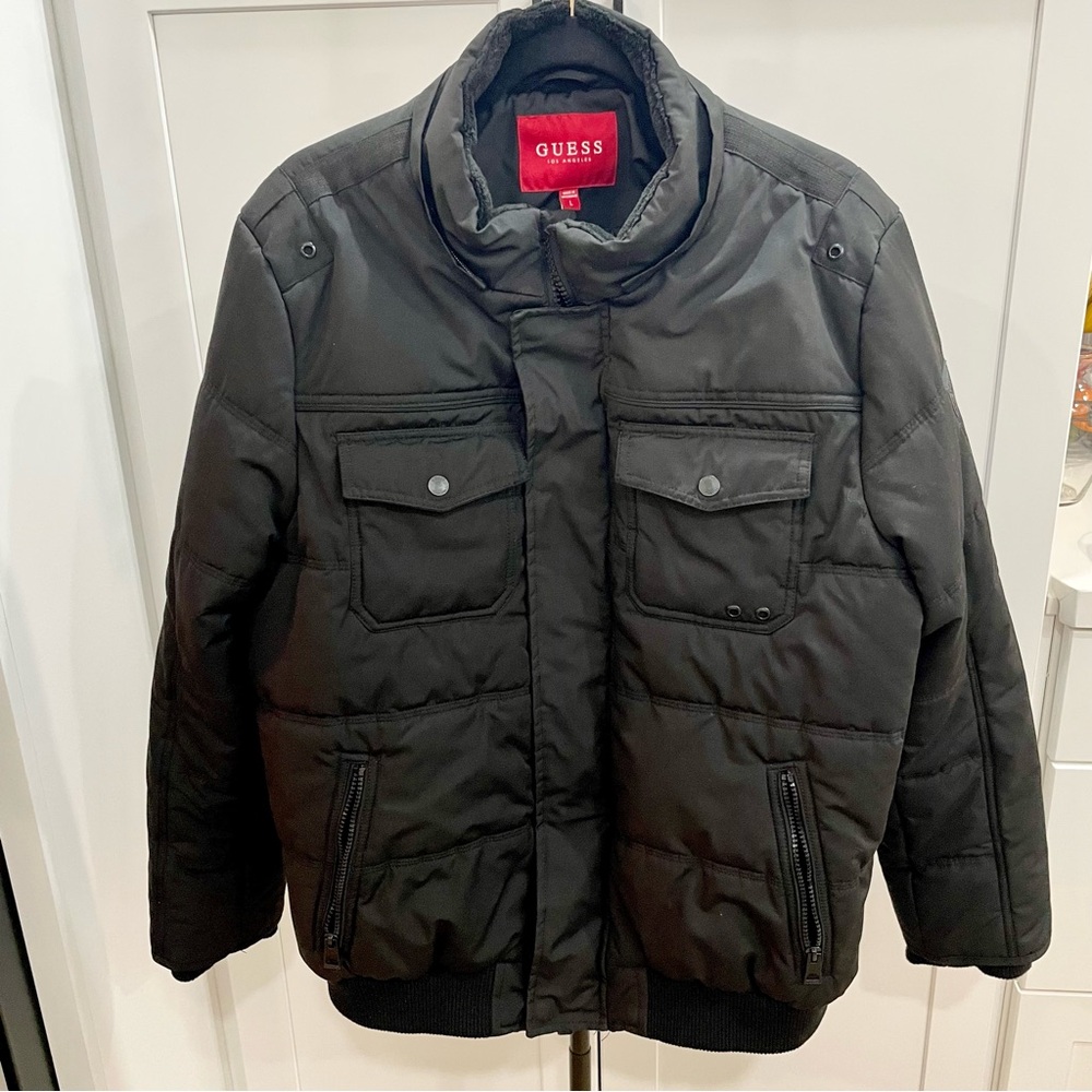 GUESS Men's Duke Quilted Puffer Bomber Jacket‎ Black Large Excellent Condition!